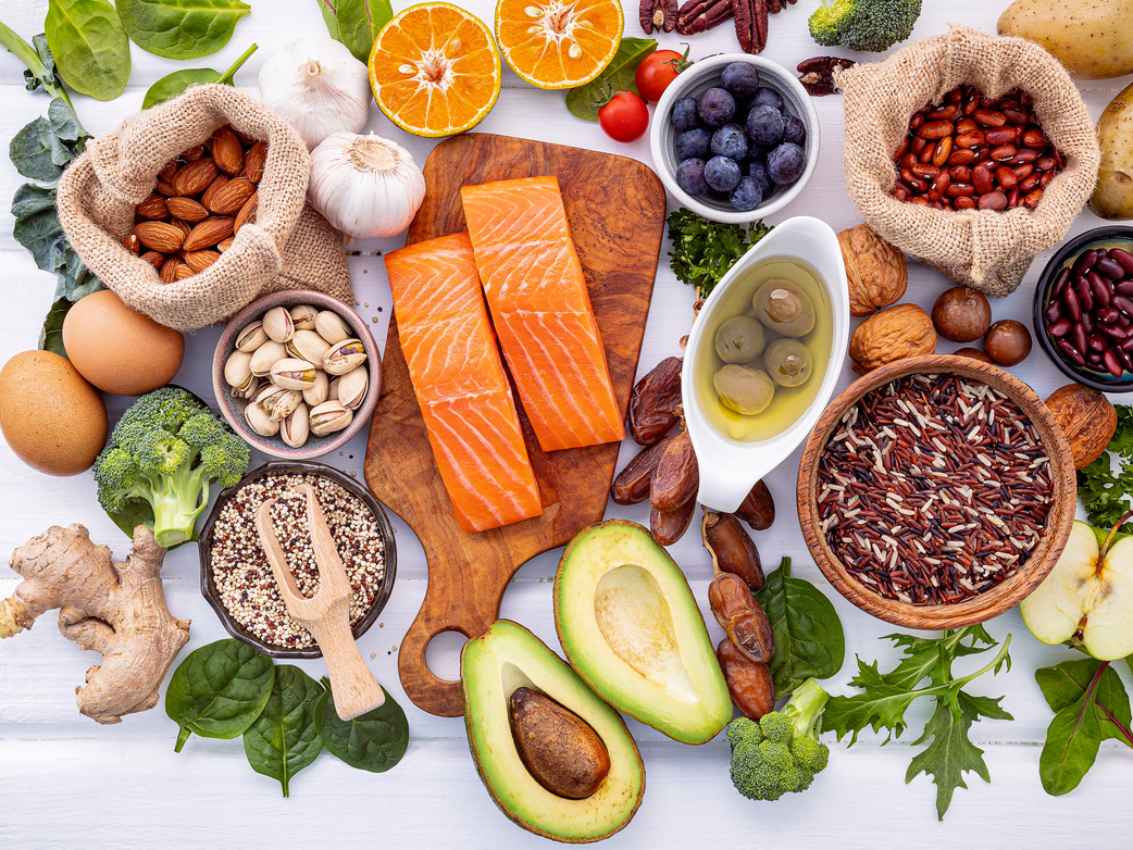 Ingredients for the Healthy Foods Selection on White Background.